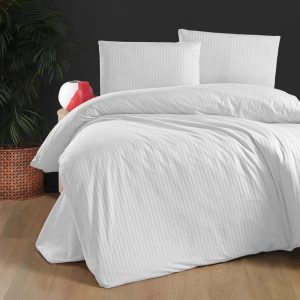 Lenjerie pat satin 2 persoane STRIPED 4 piese alb